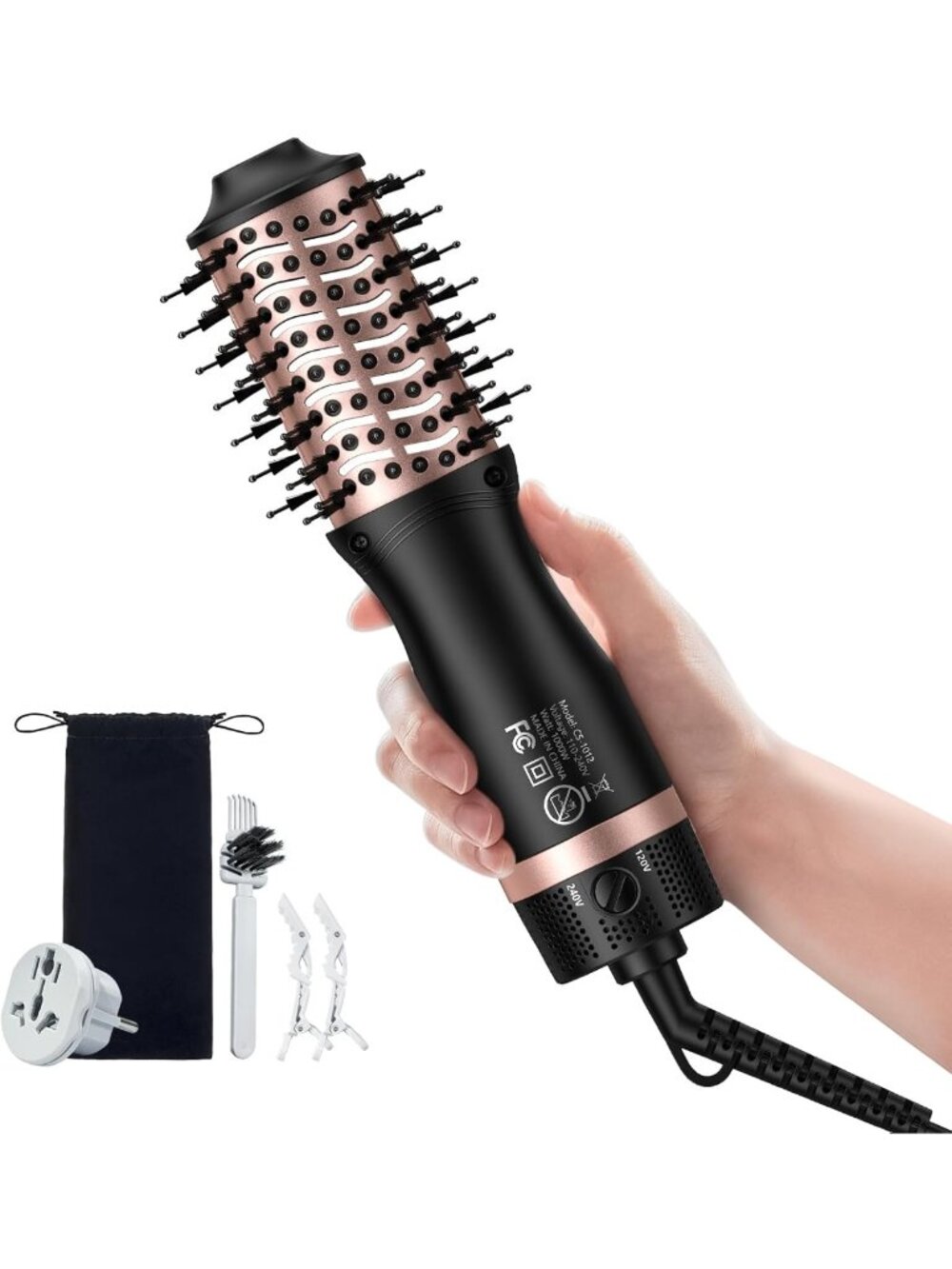 Compact Dual Voltage Hot Air Brush - 1000W Ionic Hair Dryer & Styler for Travel